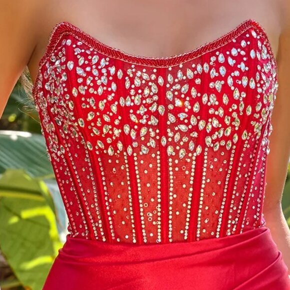 New Strapless Red Carpet Satin Gown w/ Rhinestones Embroidery & Leg Slit GL3679 - Picture 6 of 13